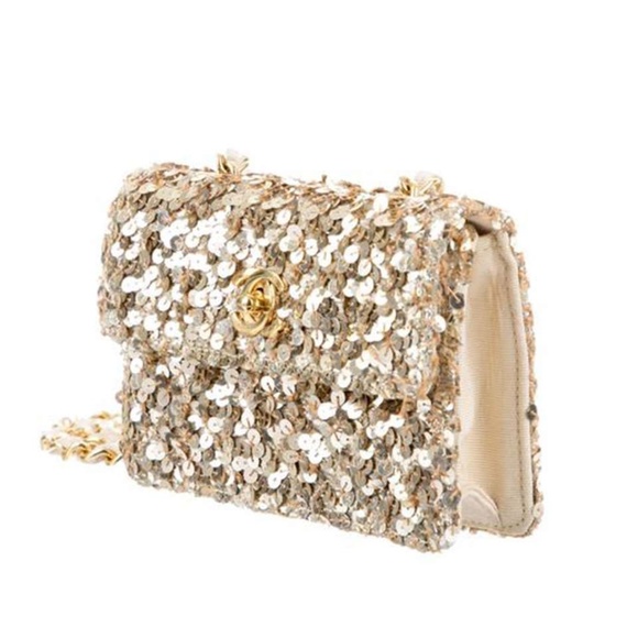 CHANEL CLASSIC FLAP RARE MICRO MINI VINTAGE GOLD SEQUIN & MICROFIBER CROSSBODY - Picture 4 of 8